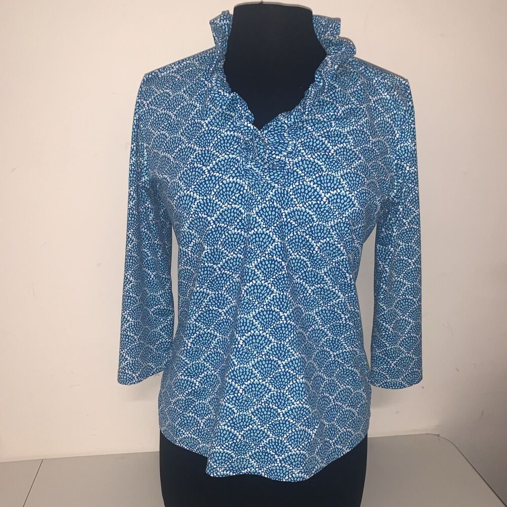 J. McLaughlin Durham Top Ruffle 3/4  Sleeve Blue Catalina Cloth Medium Coastal